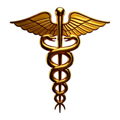 Golden caduceus symbol of medicine and healthcare with wings isolated on transparent background