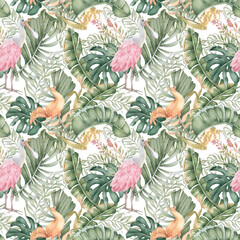 Exotic foliage and Birds watercolor seamless pattern isolated white. Lush greenery, spoonbill and palm fronds muted palette hand drawn. Tropical repeat for wallpaper, home textiles. Swimwear print.