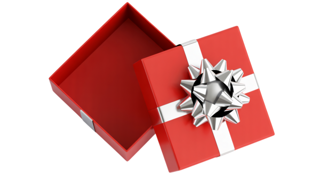 Exciting gift reveal with opened red box and silver bow for celebrations