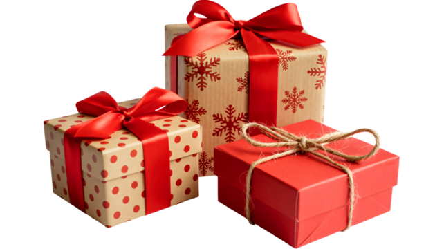 Festive gifts with bright red ribbons for holiday celebration surprise