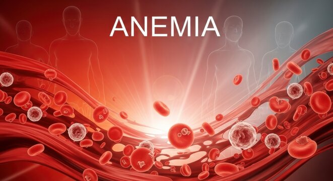 Anemia medical illustration: A compelling medical illustration, depicting the intricate nature of anemia, showcasing a complex interplay of blood cells, and the body's response.