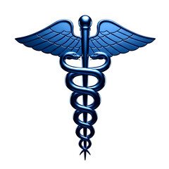 Striking metallic blue caduceus medical symbol with wings and snake isolated on transparent background