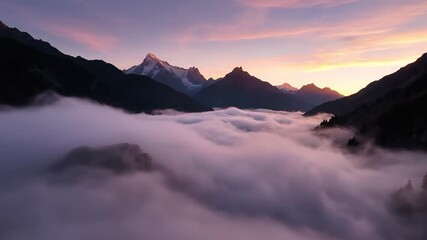 Mountain landscape with sunrise over clouds in misty valley   - Powered by Adobe