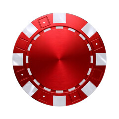 Close up of a single red casino poker chip with white stripes isolated on transparent background