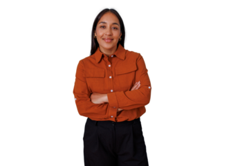 Confident businesswoman smiling with arms crossed, portraying professional success and leadership, transparent background