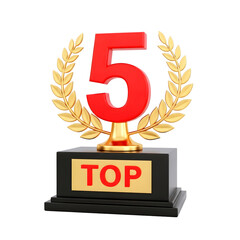 Red number five trophy with golden laurel wreath and top label isolated on transparent background