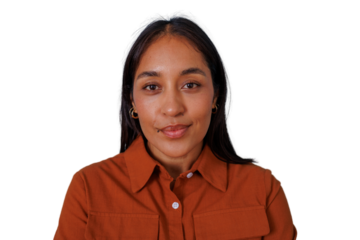 Young mixed race woman looking at the camera with a neutral expression, headshot portrait on transparent background