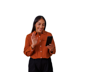 Woman smiling and waving during a video call on smartphone, communicating remotely with transparent background