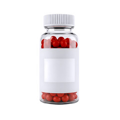 Clear glass medicine bottle filled with red capsules and a white screw on cap isolated on transparent background