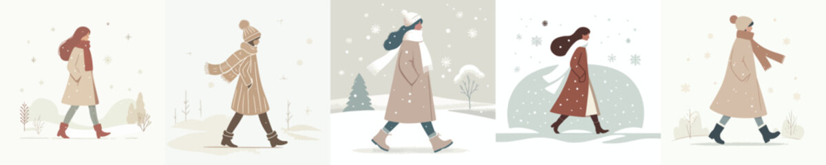vector of a woman walking in a snowy atmosphere