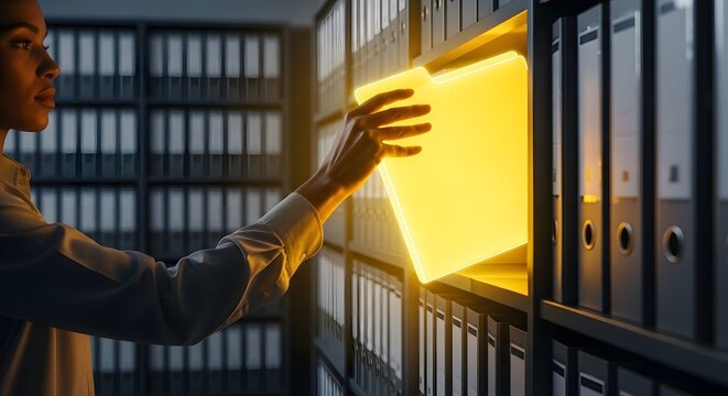 Concept of digital innovation in office organization with futuristic document storage