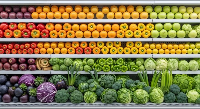 Colorful fresh produce display in supermarket aisle for healthy eating inspiration and grocery shopping - Powered by Adobe