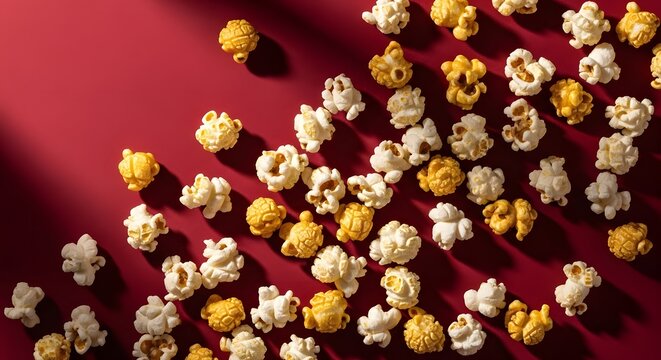 Popcorn variety display on red background for snack branding and packaging design