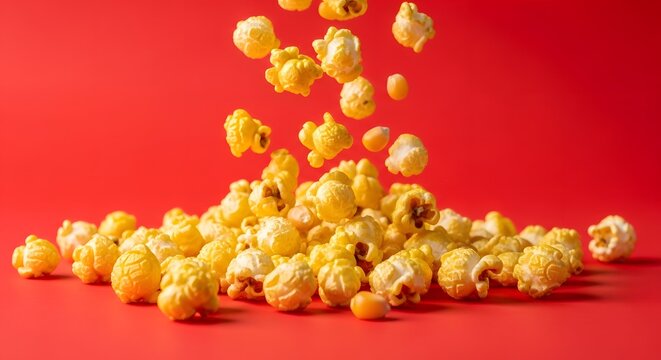 Falling popcorn on vibrant red background for movie night or party design