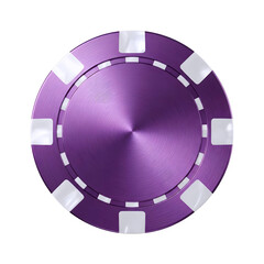 Close up of a single purple metallic casino poker chip with white markings isolated on transparent background