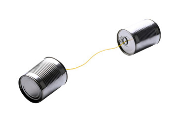 Two tin cans connected by a string forming a simple telephone toy isolated on transparent background