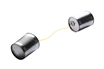Two tin cans connected by a string forming a simple telephone toy isolated on transparent background