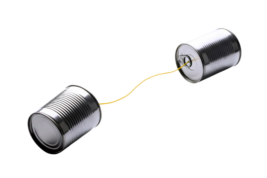 Two tin cans connected by a string forming a simple telephone toy isolated on transparent background