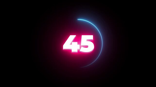 Countdown timer from 50 to 0 seconds real time. neon glowing animation.