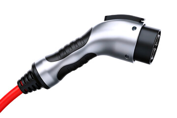 Close up of a modern electric vehicle charging plug with a red cable isolated on transparent background