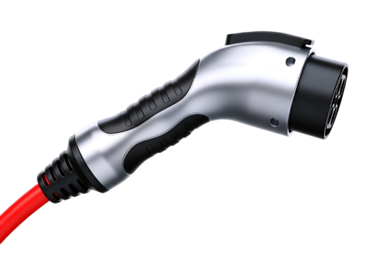 Close up of a modern electric vehicle charging plug with a red cable isolated on transparent background