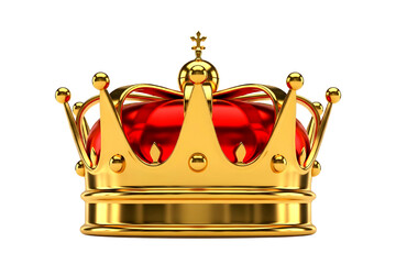 Luxurious golden royal crown with deep red jewels and intricate details isolated on transparent background