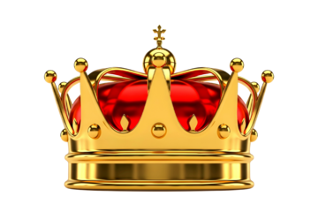 Luxurious golden royal crown with deep red jewels and intricate details isolated on transparent background