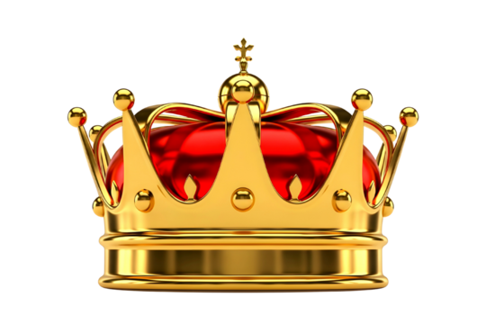 Luxurious golden royal crown with deep red jewels and intricate details isolated on transparent background - Powered by Adobe