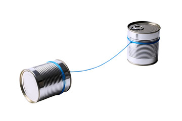 Two tin can telephones connected by a string showing communication and connection isolated on transparent background