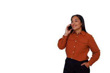 Woman making a business call, smiling and holding a smartphone to her ear on a transparent background