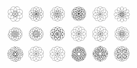 Collection of intricate geometric circular floral patterns and mandalas in black outline on white background