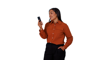 Smiling woman holding smartphone looking at screen, communicating, networking, browsing social media on transparent background
