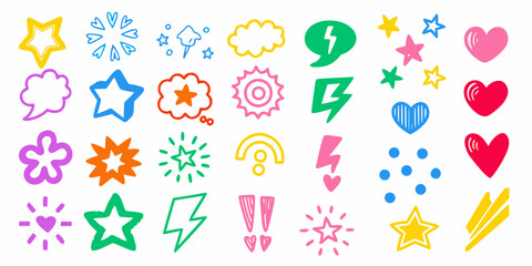 Collection of colorful hand drawn doodle icons including stars hearts lightning bolts and speech bubbles