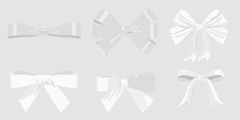 Collection of six different white satin ribbon bows on a light gray background