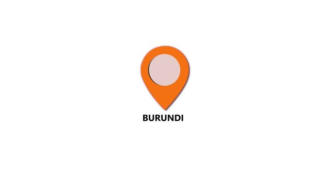 Burundi map location pin animation, digital screen, white background 4K video. Burundi text up down Location Pins pointer icon, Alpha channel GPS location tracking animation.