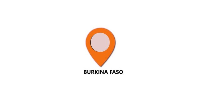 Burkina Faso map location pin animation. Burkina Faso text up down location pin pointer icon white background, Alpha channel GPS location tracking animation. 4K video