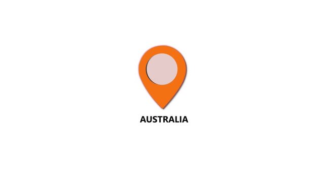 Australia map location pin animation. Australia text up down location pin pointer icon white background, Alpha channel GPS location tracking animation. 4K video