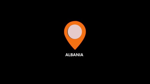 Albania map location pin animation. Albania text up down location pin pointer icon white background. Alpha channel GPS location tracking animation. 4K video