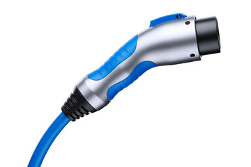 Modern electric vehicle charging plug with blue and silver accents isolated on transparent background
