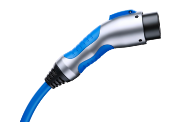 Modern electric vehicle charging plug with blue and silver accents isolated on transparent background