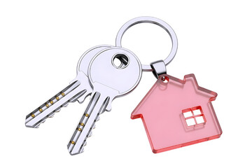 Silver house keys with a pink house shaped keychain isolated on transparent background