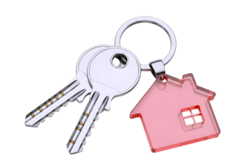 Silver house keys with a pink house shaped keychain isolated on transparent background