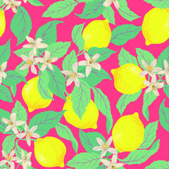 Lemon summer wallpaper. Vector botanical food pattern. Print exotic design. 