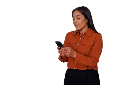 Woman holding smartphone, interacting with mobile app, browsing social media, chatting, or working on wireless device, isolated