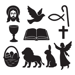 Religious silhouette symbols including jesus dove fish staff chalice book eggs lion rabbit angel high quality professional