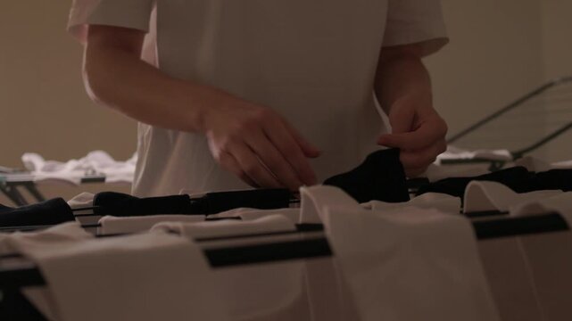 Meticulous pairing and smoothing socks in peaceful routine, Methodically arranging and inspecting white cotton socks on collapsible rack beneath warm illumination