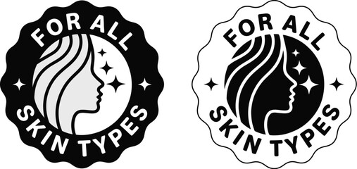 Monochrome cosmetic seal logo with a female silhouette, star sparkles, and the text For All Skin Types symbolizing universal dermatological suitability.