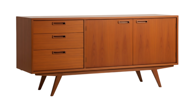 Mid-century modern wooden sideboard with drawers and cabinet doors on angled legs
