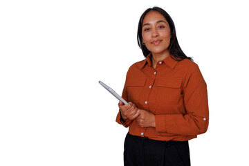 Young businesswoman with dark hair holding a digital tablet, smiling confidently at the camera. Transparent background