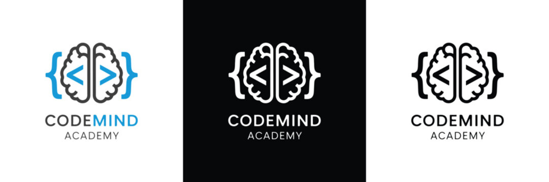 Three variations of the CodeMind Academy logo featuring a brain and code brackets in blue, white, and black color schemes.